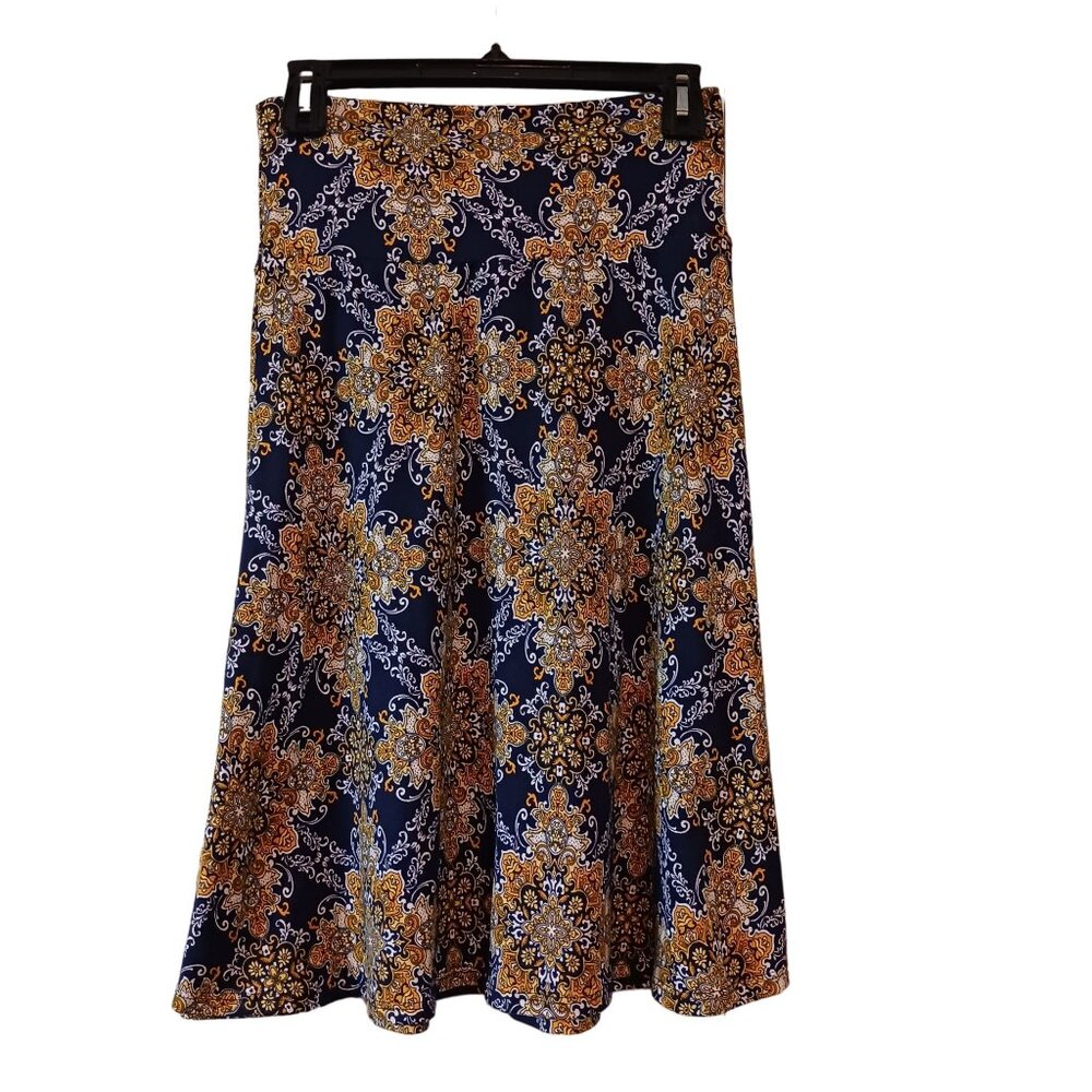 NEW Colette Mali Brushed Knit Foldover Knee Length Skirt Navy Blue Yellow/Tan XS